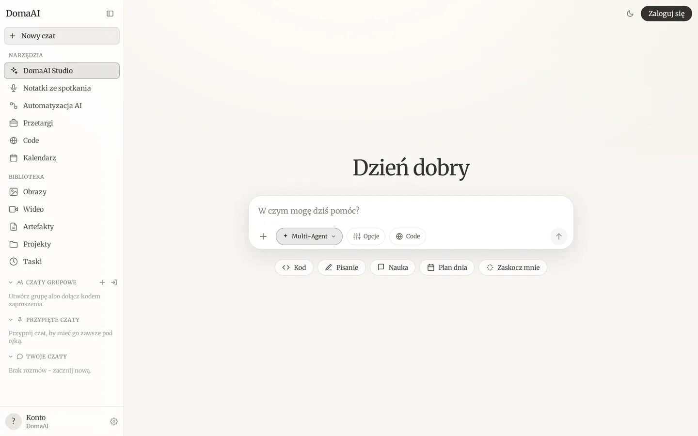 DomaAI Web: ekran startowy z polem rozmowy i narzędziami